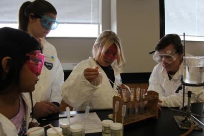 A group of girls doing an experiment at the Kentucky Girls STEM Collaborative's &quot;Girls STEM Day&quot; in 2012.